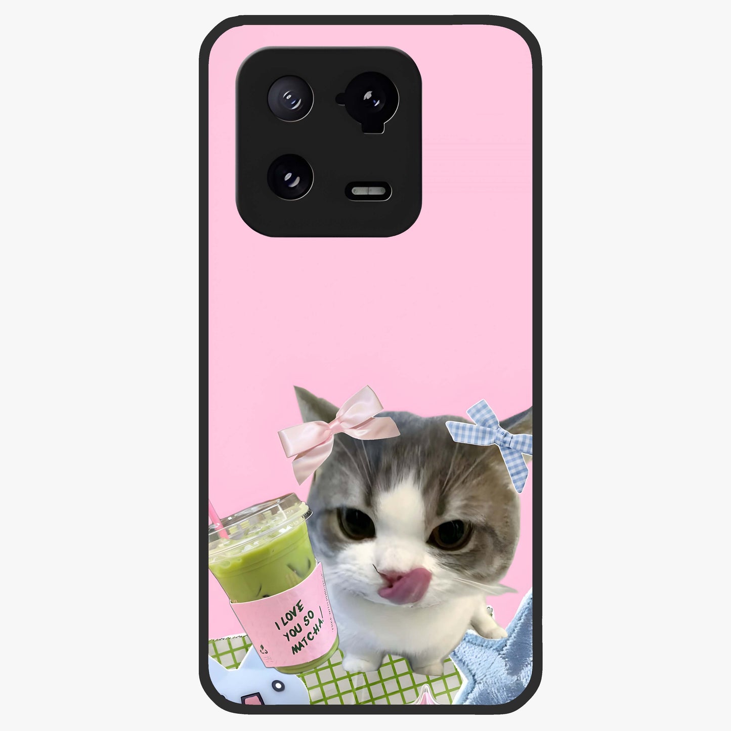 Love Matcha Cat Glass Case showing flat back view with cute cat and matcha themed artwork and glossy glass finish.