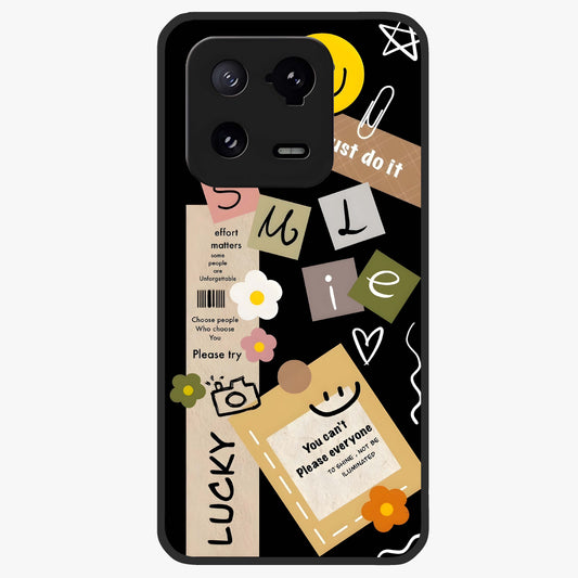 Lucky Aesthetic Collage Glass Case showing flat back view with trendy aesthetic collage artwork and glossy glass finish.