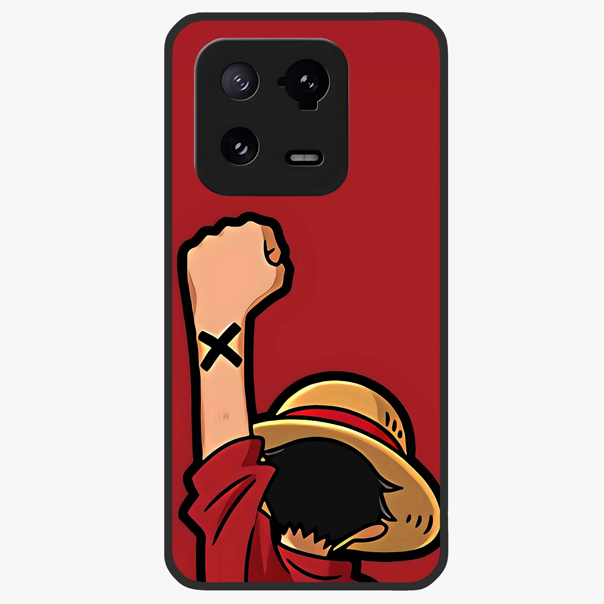 Luffy X Spirit Glass Case showing flat back view with bold anime character artwork and glossy glass finish.