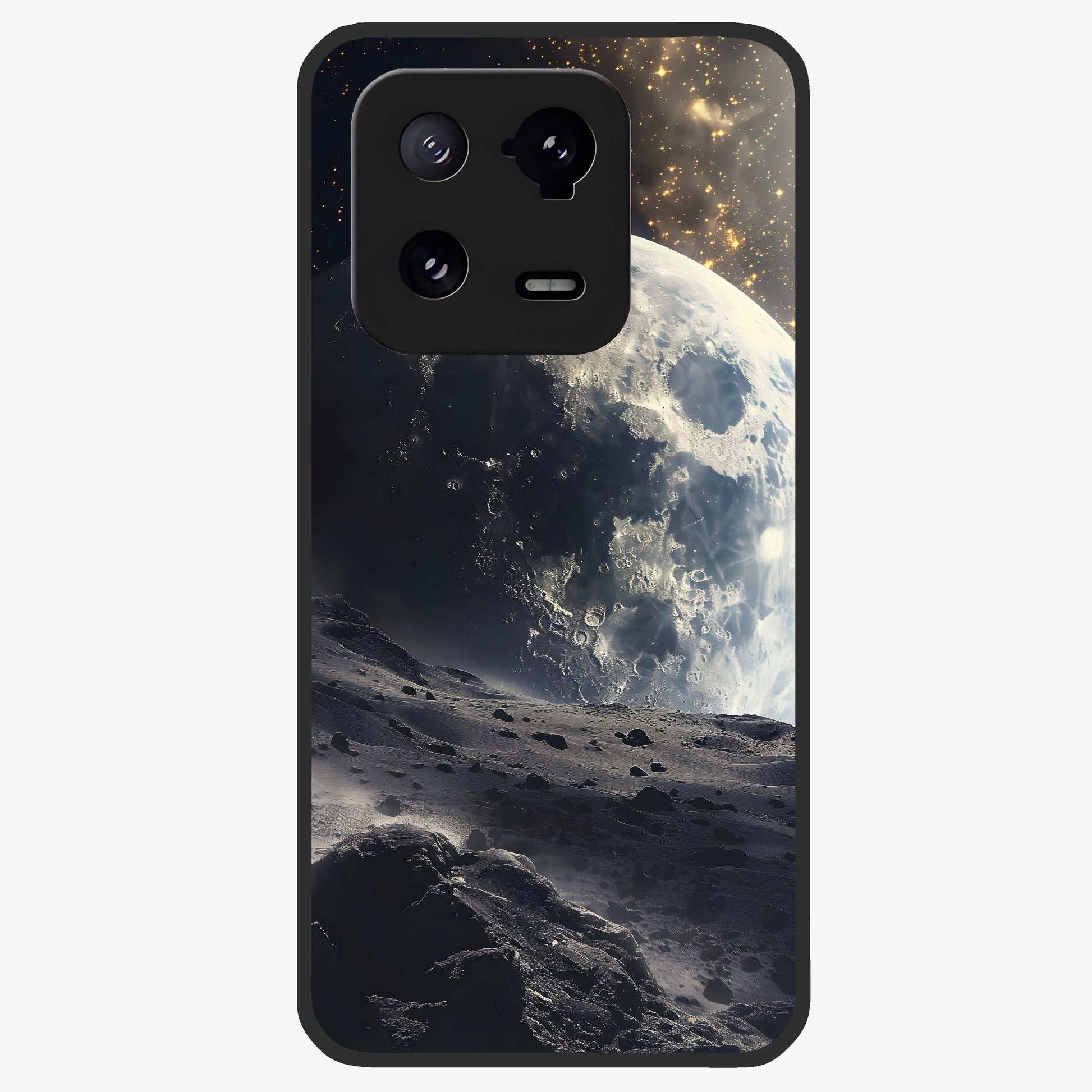Lunar Horizon Glow Glass Case showing flat back view with glowing moon horizon artwork and glossy glass finish.