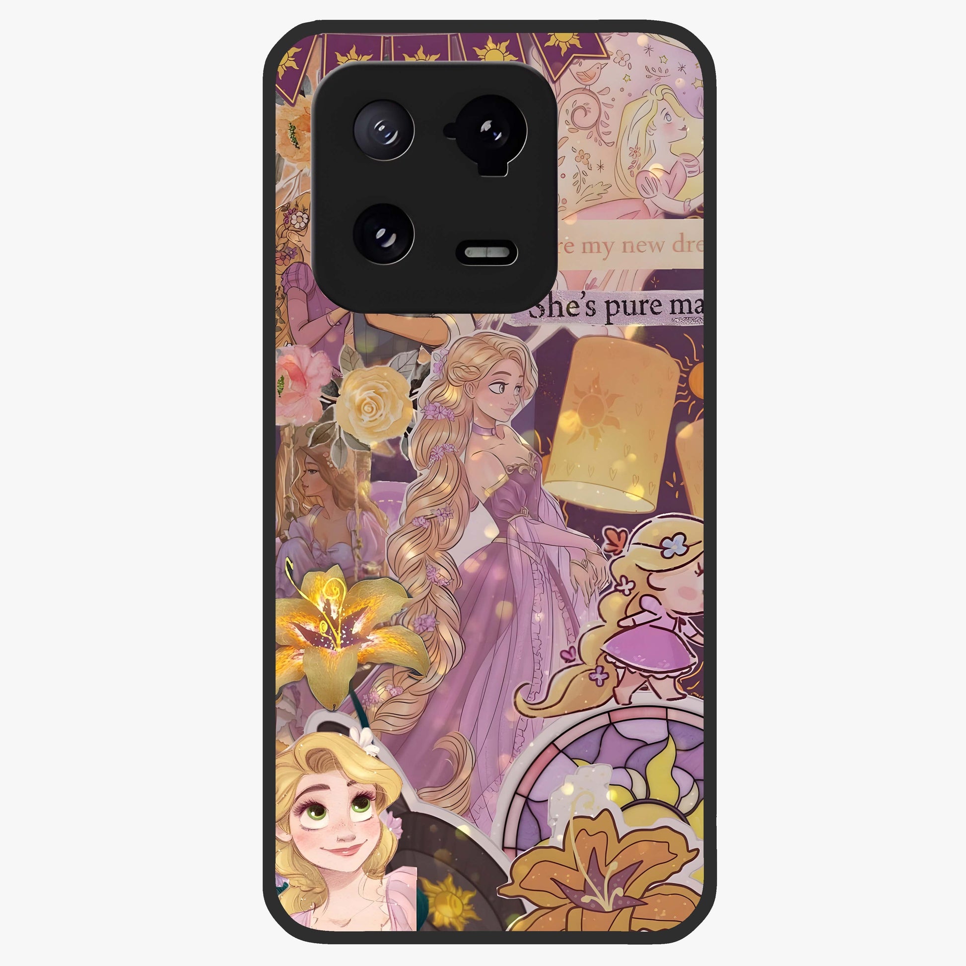 Magical Tangled Dream Glass Case showing flat back view with dreamy tangled artwork and glossy glass finish.