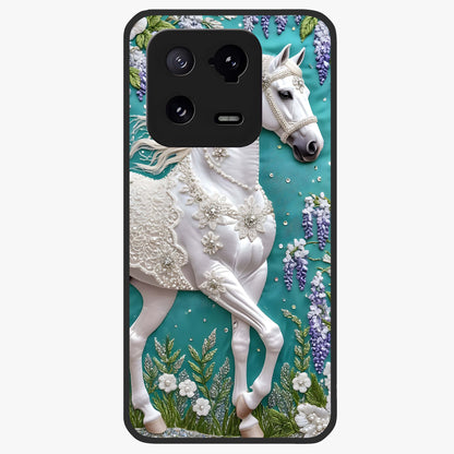 Majestic Floral Stallion Glass Case showing flat back view with powerful horse and floral artwork and glossy glass finish.