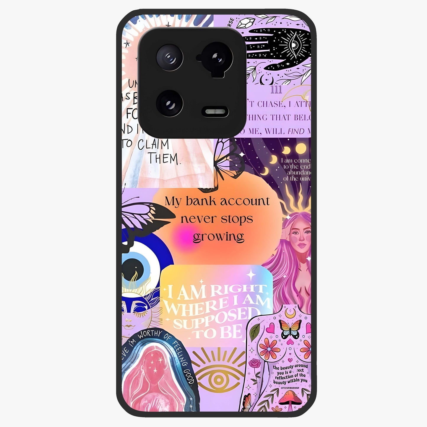 Manifestation Collage Glass Case showing flat back view with motivational collage artwork and glossy glass finish.