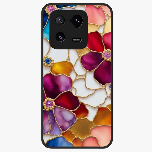Marble Flower Pattern Glass Case showing flat back view with marble texture floral artwork and glossy glass finish.