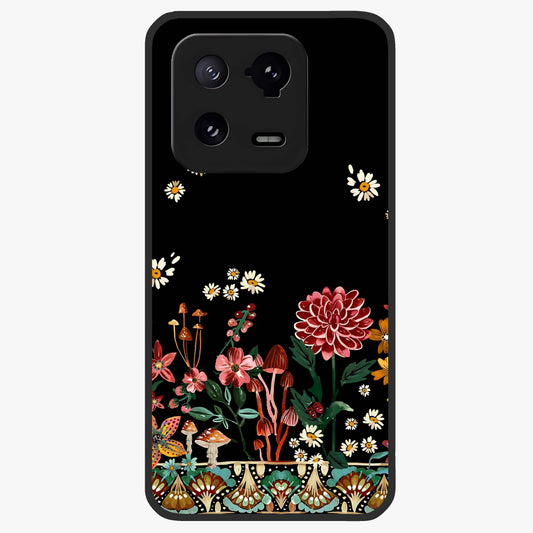 Midnight Bloom Pattern Glass Case showing flat back view with dark floral pattern artwork and glossy glass finish.