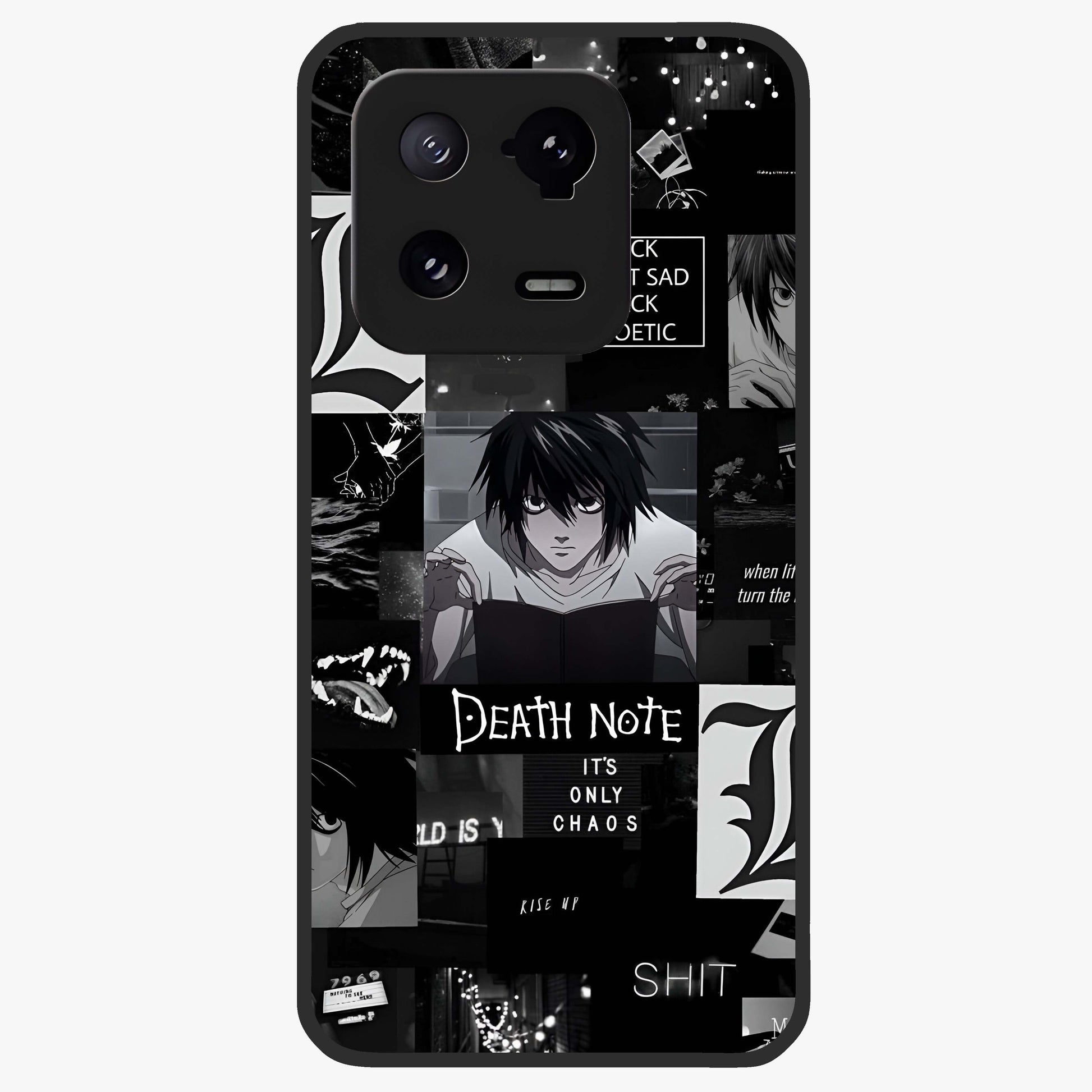 Midnight Chaos Mind Glass Case showing flat back view with abstract dark themed artwork and glossy glass finish.