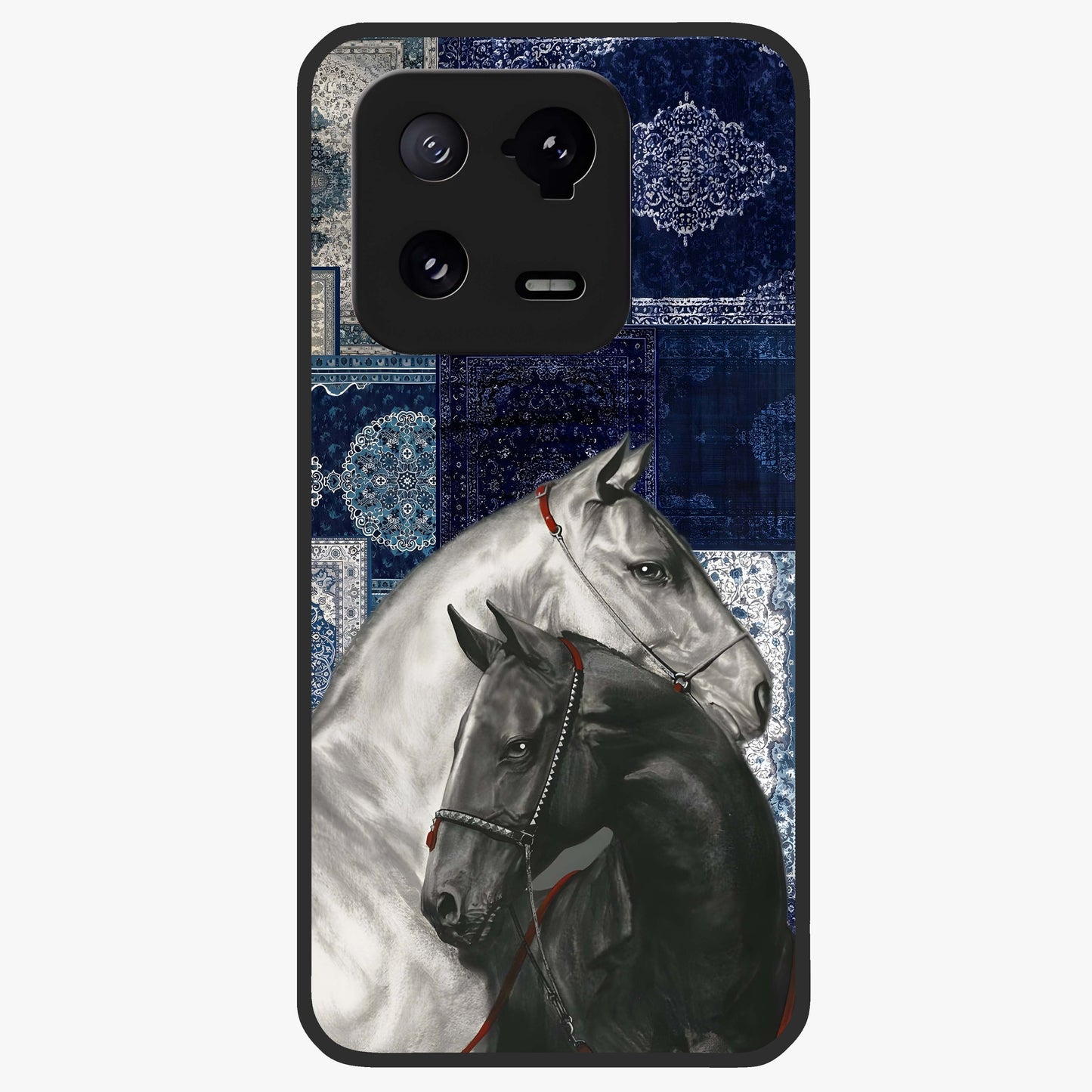 Midnight Stallion Blues Glass Case showing flat back view with majestic horse artwork and glossy glass finish.