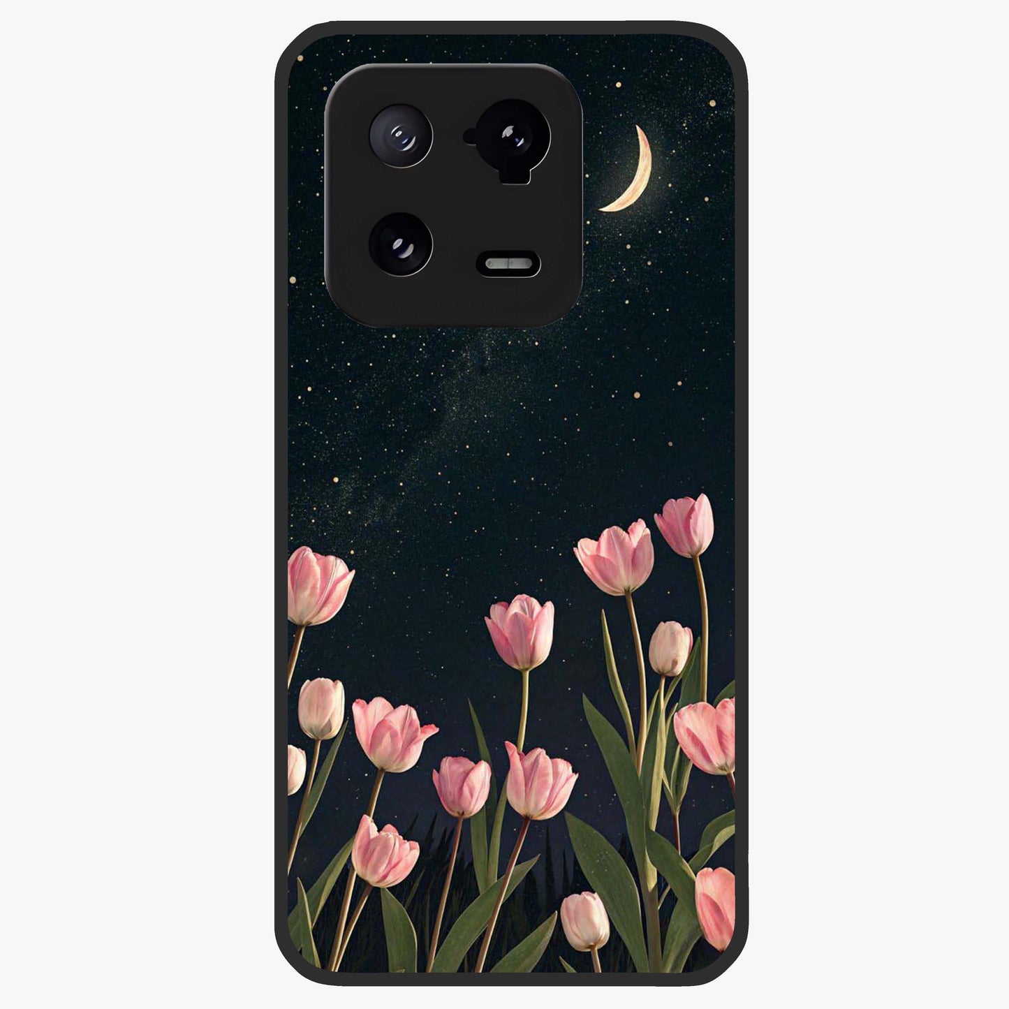 Midnight Tulip Whispers Vibe Glass Case showing flat back view with elegant tulip flower artwork and glossy glass finish.