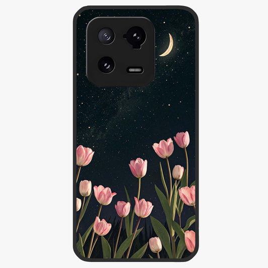 Midnight Tulip Whispers Vibe Glass Case showing flat back view with elegant tulip flower artwork and glossy glass finish.
