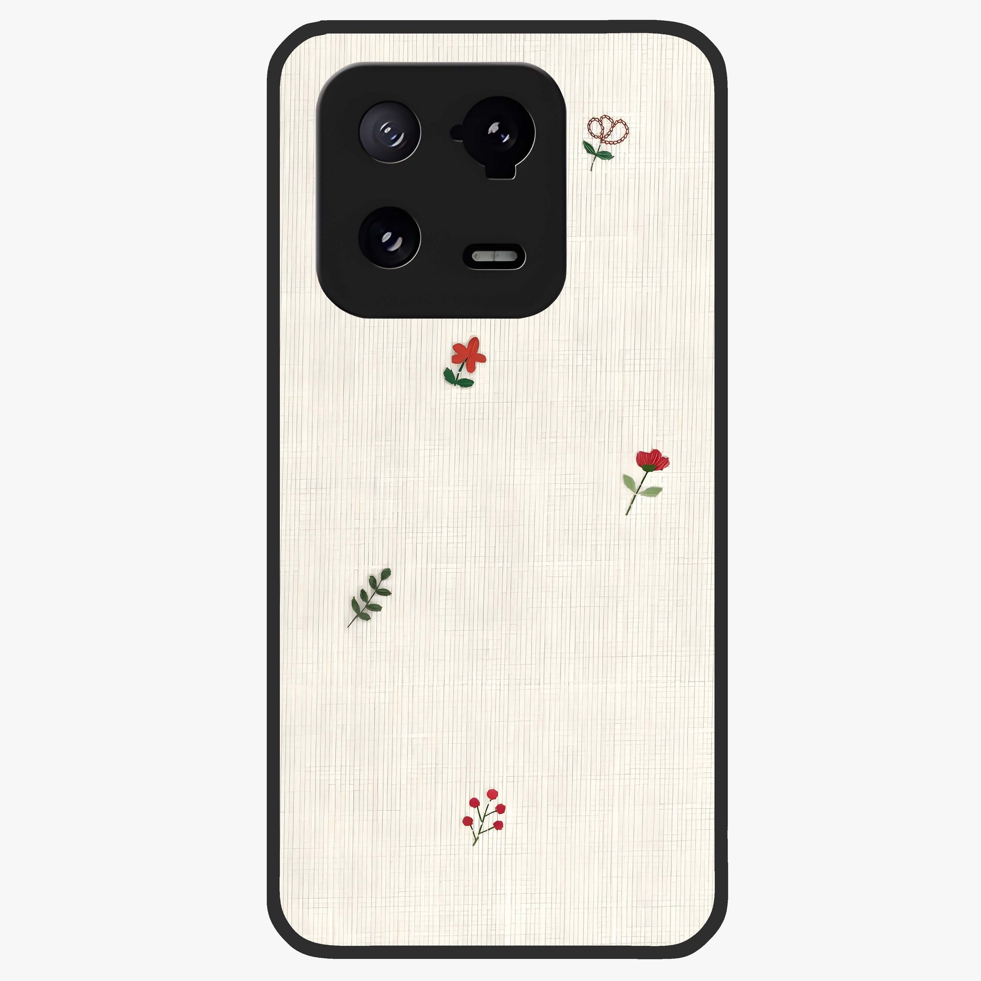 Minimal Petal Whispers Glass Case showing flat back view with soft minimal floral artwork and glossy glass finish.