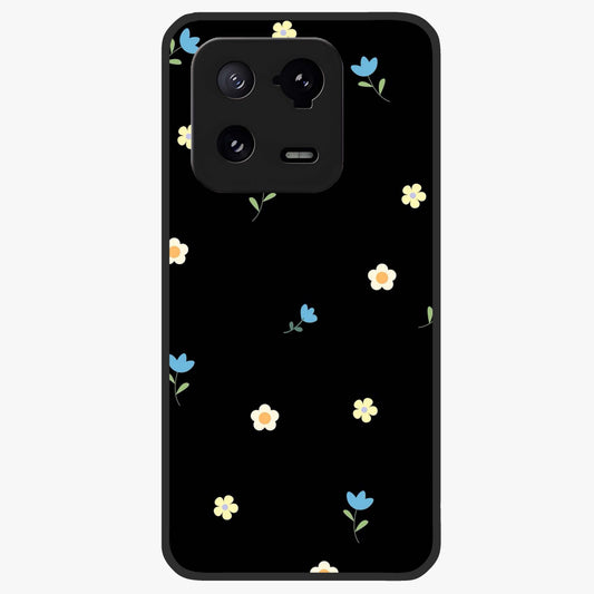 Minimalistic Blue With White Flower Pattern Glass Case showing flat back view with blue background and white flower pattern and glossy glass finish.