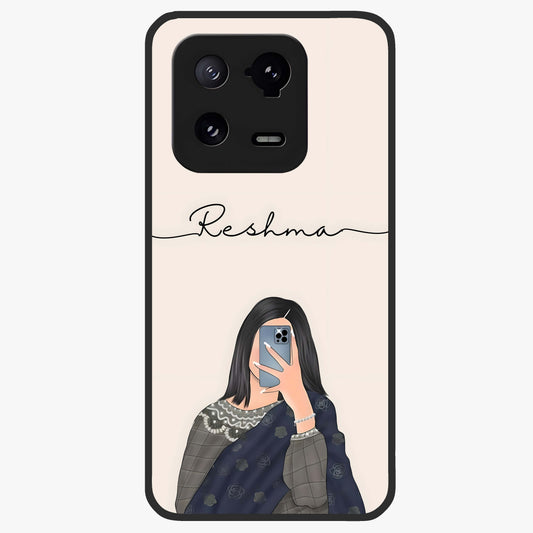 Mirror Mood Muse With Custom Name Glass Case showing flat back view with stylish mirrored artwork and personalized name design.