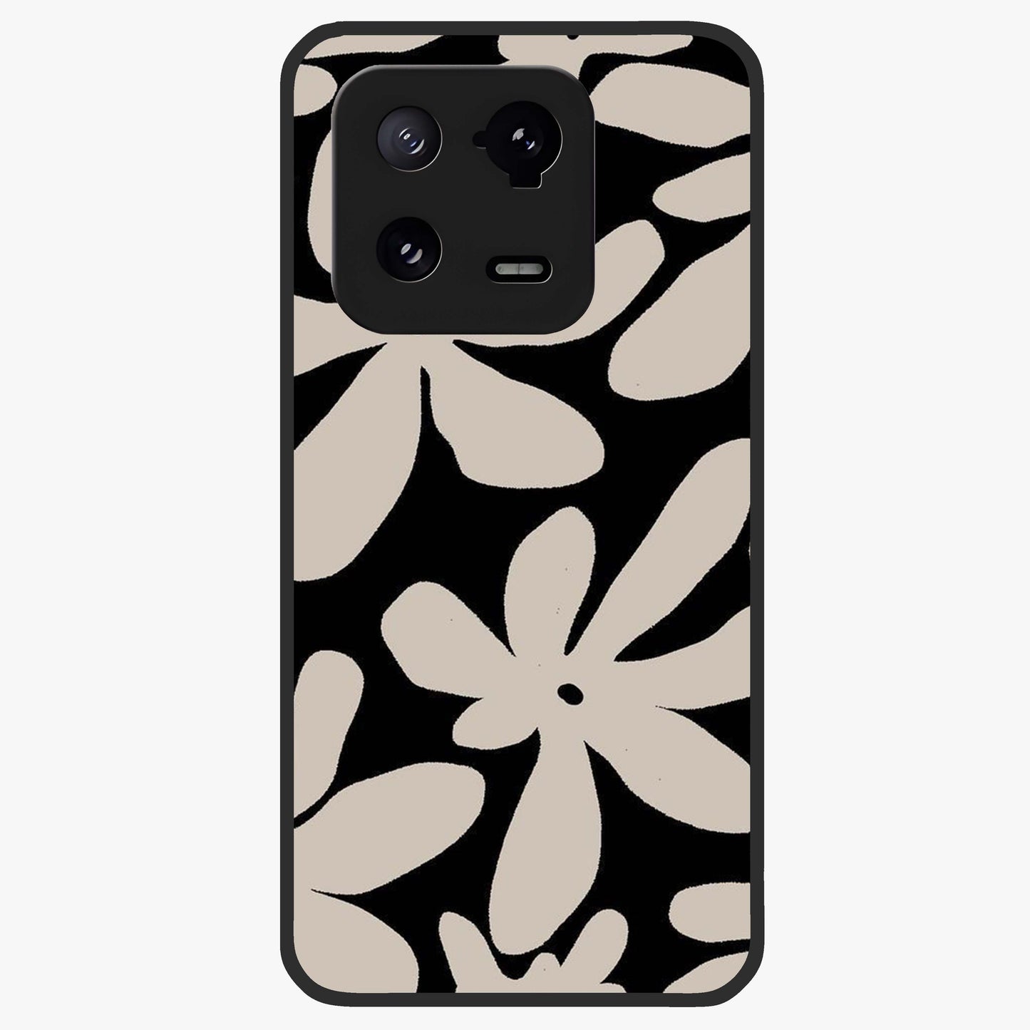 Monochrome Petal Dance Glass Case showing flat back view with monochrome floral artwork and glossy glass finish.