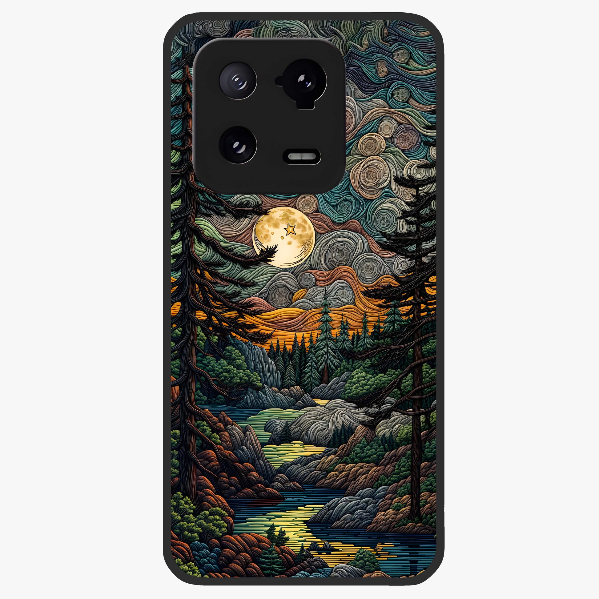 Moonlight Forest Dream Glass Case showing flat back view with mystical forest moonlight artwork and glossy glass finish.