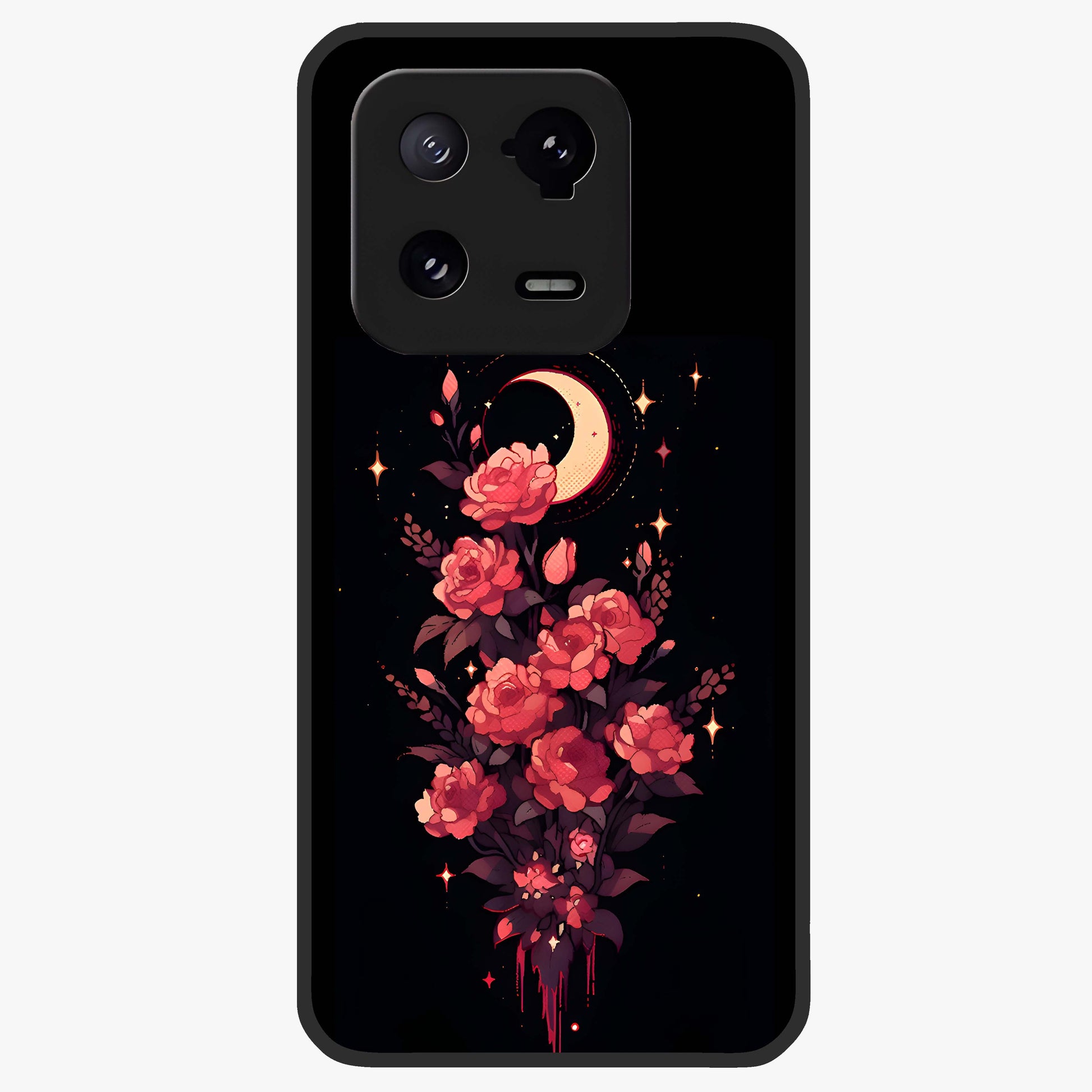 Moonlit Floral Elegance Glass Case showing flat back view with elegant floral artwork under moonlit tones and glossy glass finish.