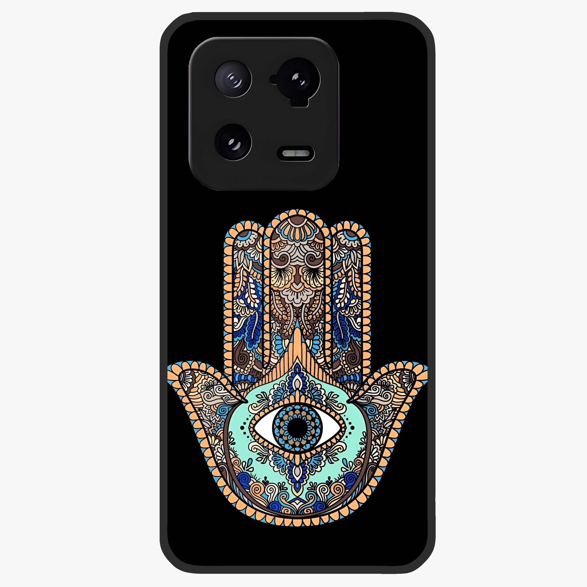 Mystic Hamsa Eye Glass Case showing flat back view with protective hamsa hand and evil eye artwork and glossy glass finish.