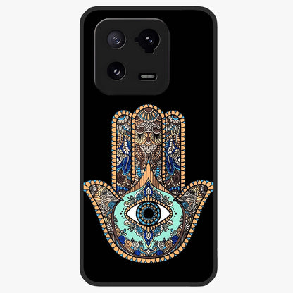 Mystic Hamsa Eye Glass Case showing flat back view with protective hamsa hand and evil eye artwork and glossy glass finish.