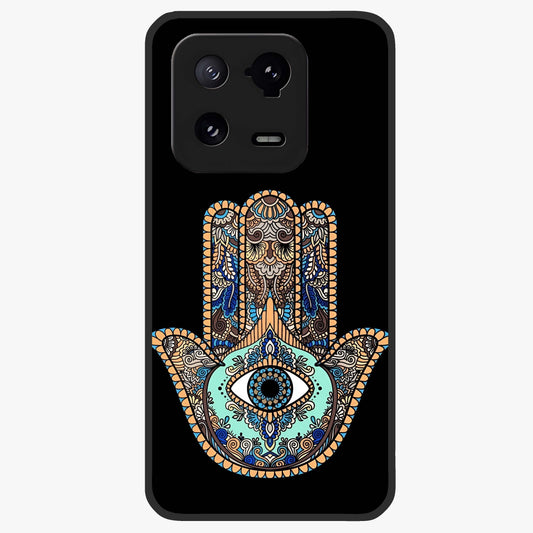 Mystic Hamsa Eye Glass Case showing flat back view with protective hamsa hand and evil eye artwork and glossy glass finish.