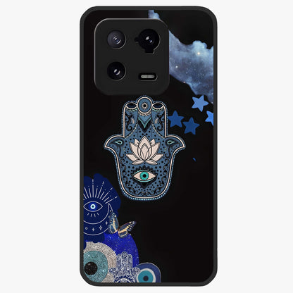 Mystic Hand Aura Glass Case showing flat back view with mystical hand symbol artwork and glossy glass finish.