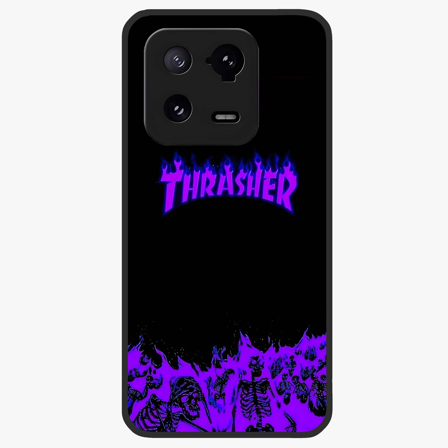 Neon Flame Riot Glass Case showing flat back view with neon flame artwork and glossy glass finish.