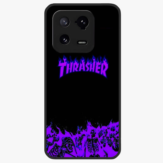 Neon Flame Riot Glass Case showing flat back view with neon flame artwork and glossy glass finish.