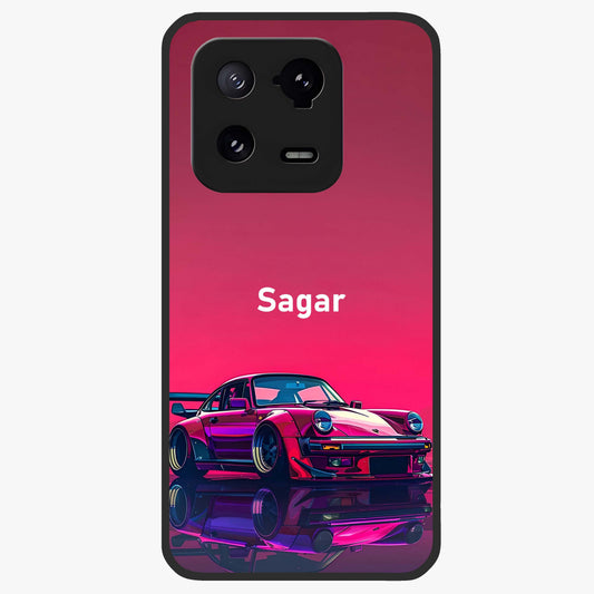 Neon Pink Porsche Glass Case showing flat back view with stylish sports car artwork and glossy glass finish.