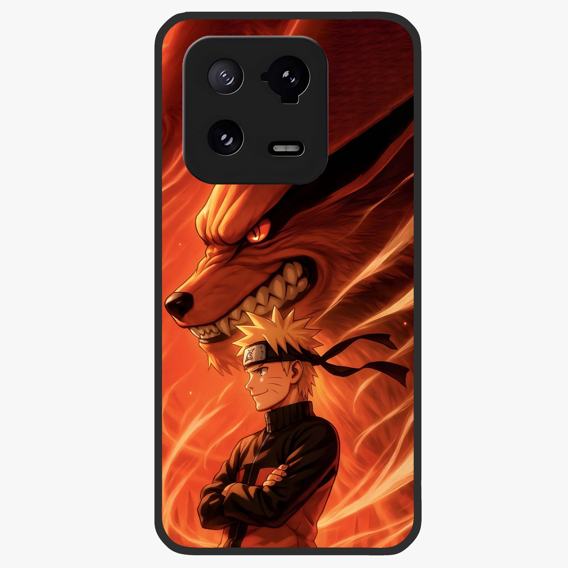 Nine Tails Legacy Glass Case showing flat back view with powerful nine-tailed fox inspired artwork and glossy glass finish.
