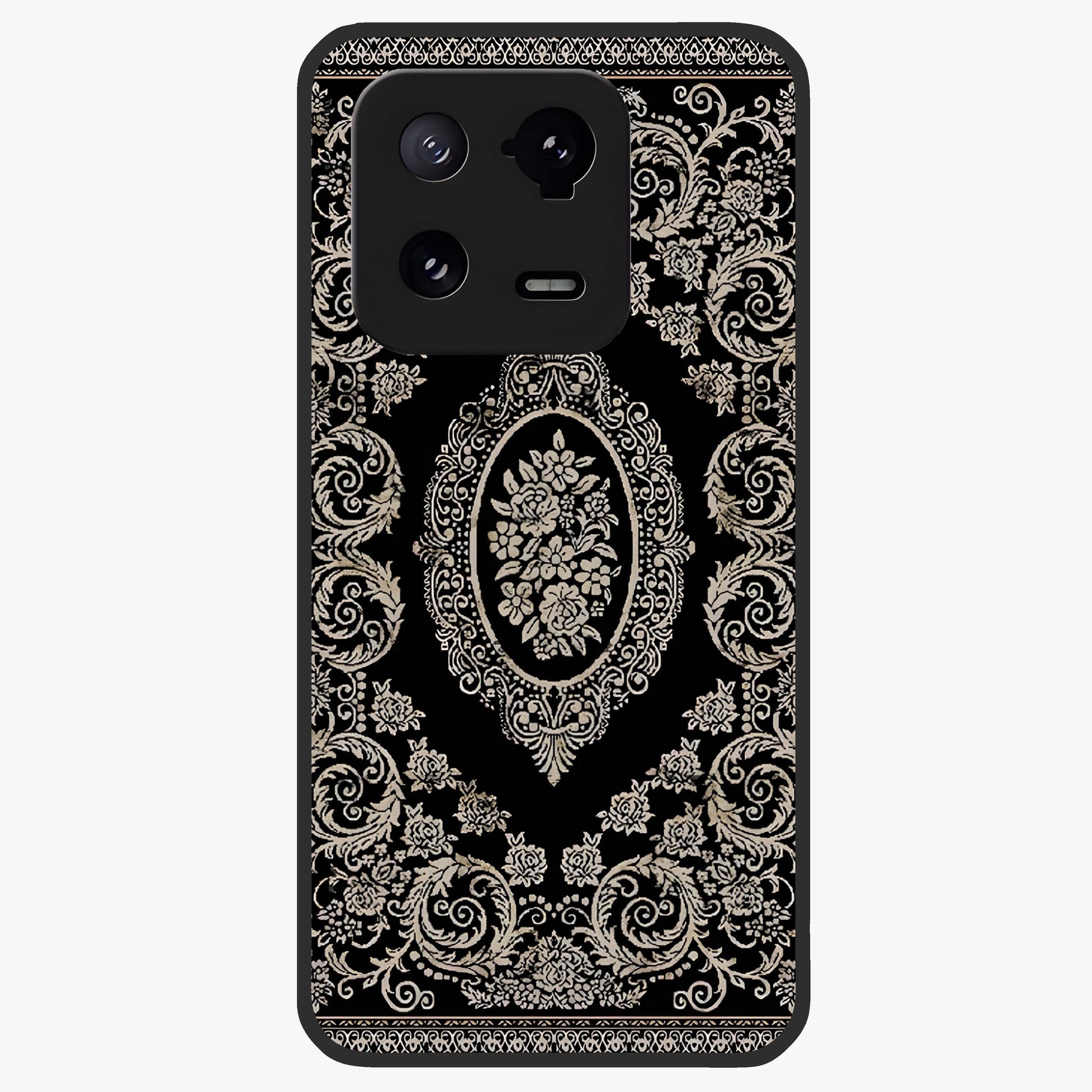 Noir Bloom Elegance Glass Case showing flat back view with elegant dark floral artwork and glossy glass finish.