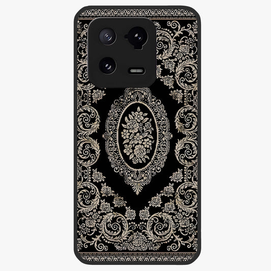 Noir Bloom Elegance Glass Case showing flat back view with elegant dark floral artwork and glossy glass finish.