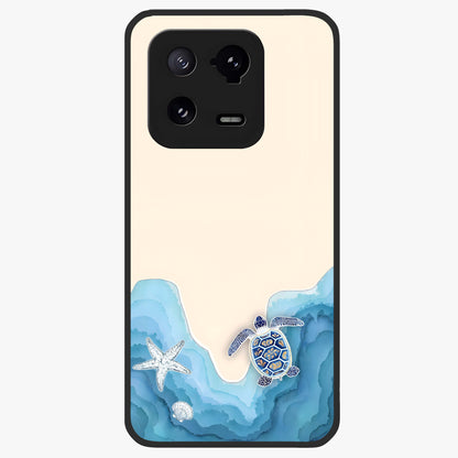 Ocean Drift Turtle Glass Case showing flat back view with sea turtle artwork and glossy glass finish.