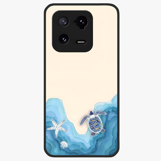 Ocean Drift Turtle Glass Case showing flat back view with sea turtle artwork and glossy glass finish.