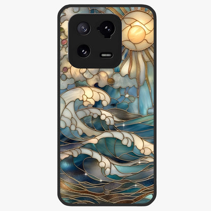 Oceanic Stained Printed Glass Case showing flat back view with ocean inspired stained pattern artwork and glossy glass finish.