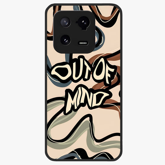 Out Of Mind Glass Case showing flat back view with expressive typography artwork and glossy glass finish.