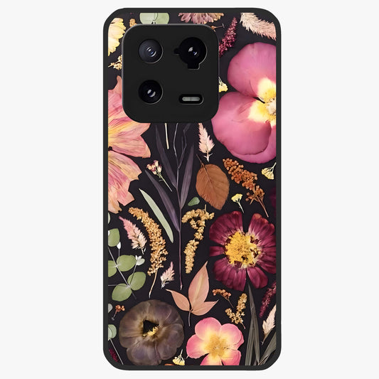 Petal Dream Tapestry Glass Case showing flat back view with intricate floral tapestry artwork and glossy glass finish.