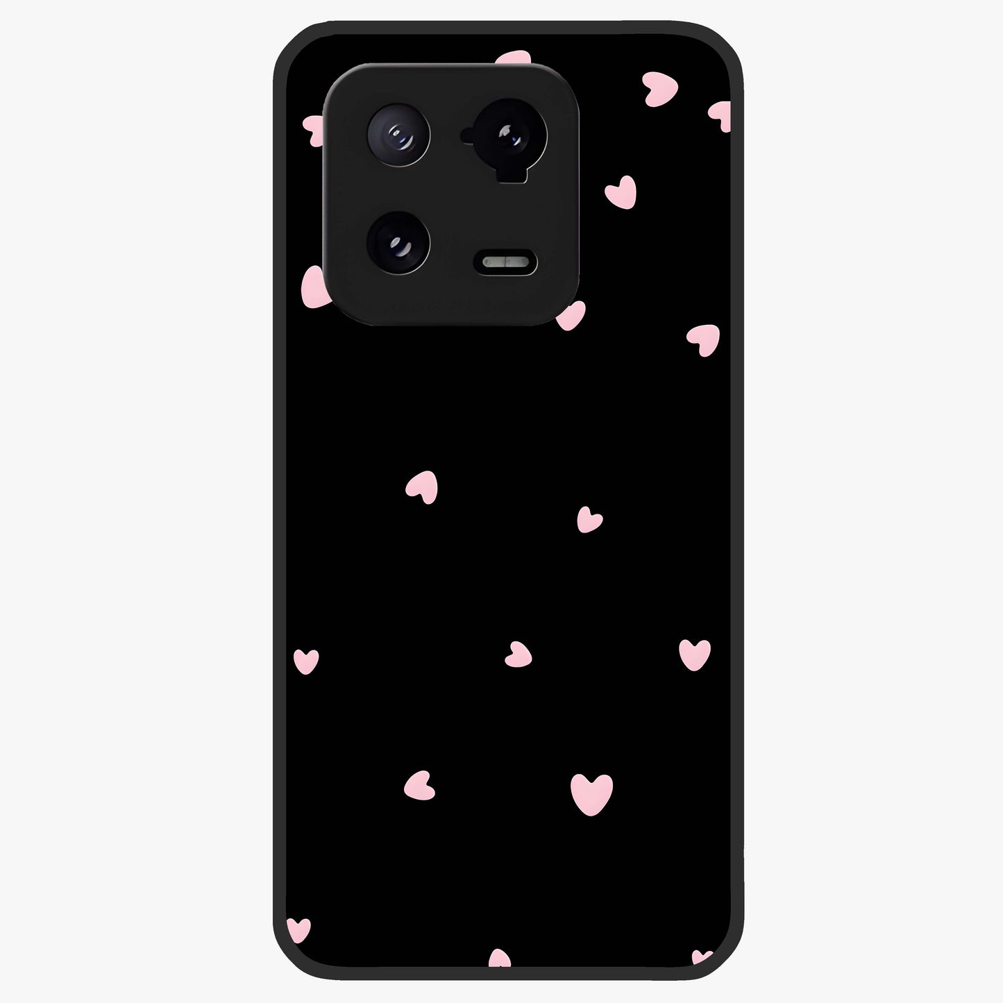 Pink Love Drops Glass Case showing flat back view with playful pink heart drops artwork and glossy glass finish.