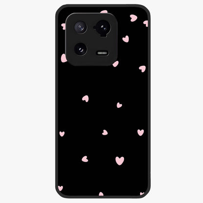 Pink Love Drops Glass Case showing flat back view with playful pink heart drops artwork and glossy glass finish.