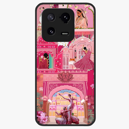 Pink Palace Muse Glass Case showing flat back view with elegant palace inspired artwork and glossy glass finish.