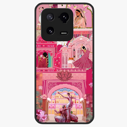 Pink Palace Muse Glass Case showing flat back view with elegant palace inspired artwork and glossy glass finish.