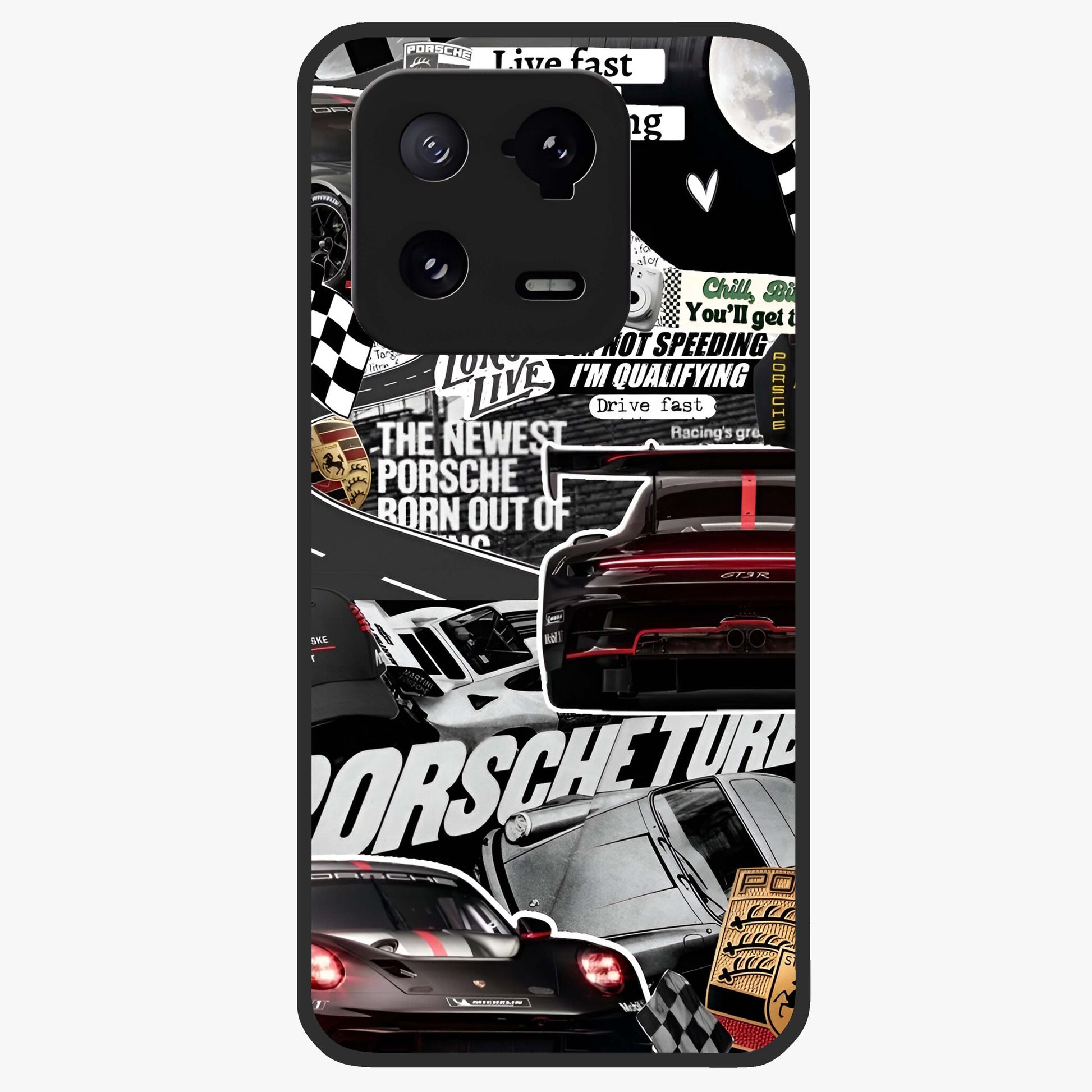 Porsche Racing Collage Glass Case showing flat back view with sports car racing collage artwork and glossy glass finish.