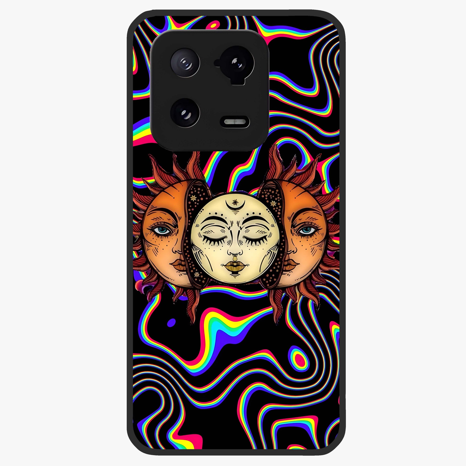 Psychedelic Sun Glass Case showing flat back view with colorful psychedelic sun artwork and glossy glass finish.