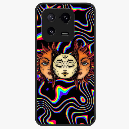 Psychedelic Sun Glass Case showing flat back view with colorful psychedelic sun artwork and glossy glass finish.