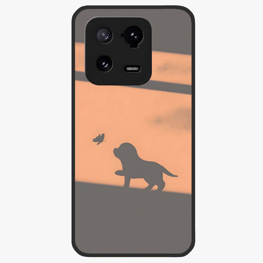 Puppy Shadow Art Glass Case showing flat back view with cute puppy shadow style artwork and glossy glass finish.