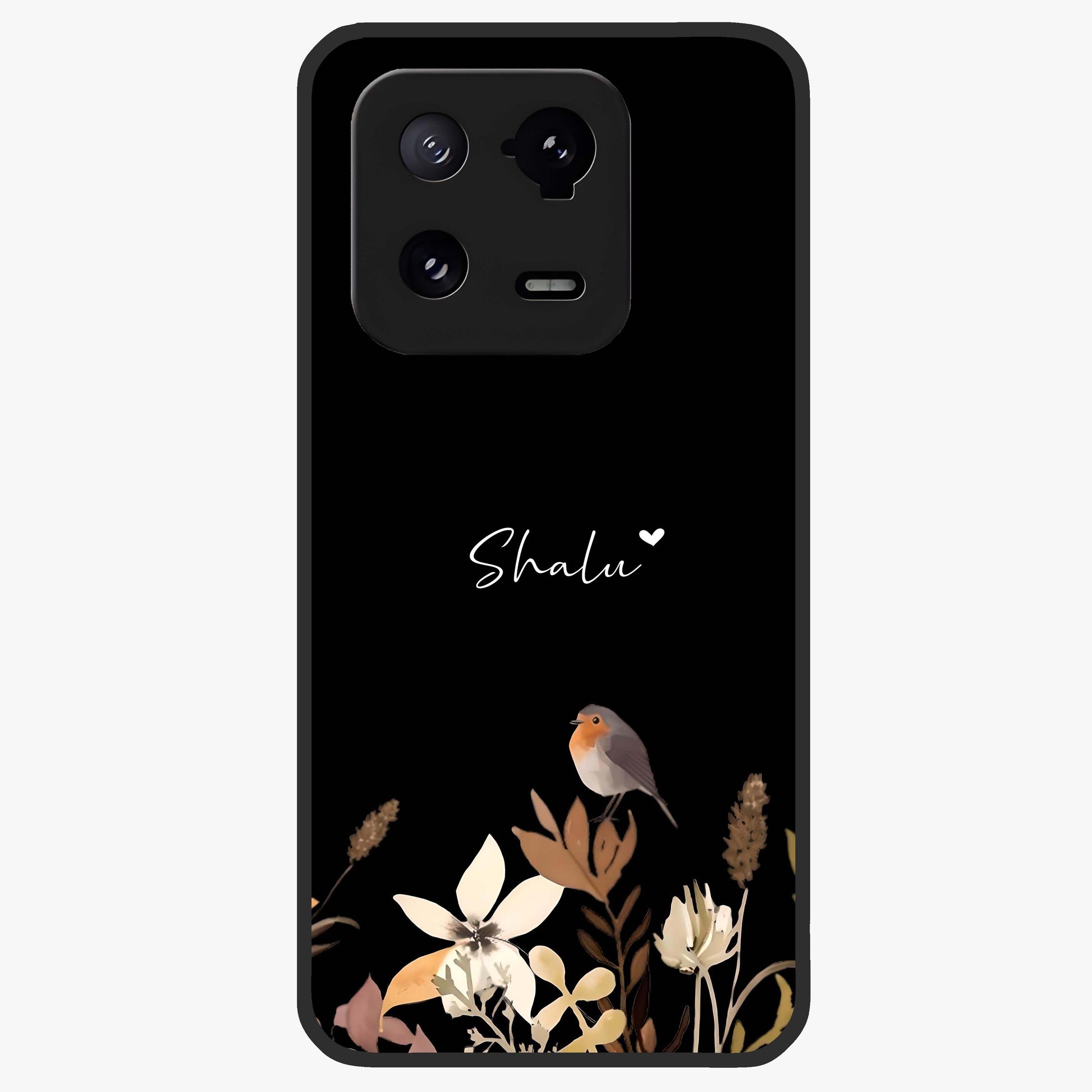 Quiet Garden Tune Custom Name Glass Case showing flat back view with peaceful garden artwork and personalized name design.