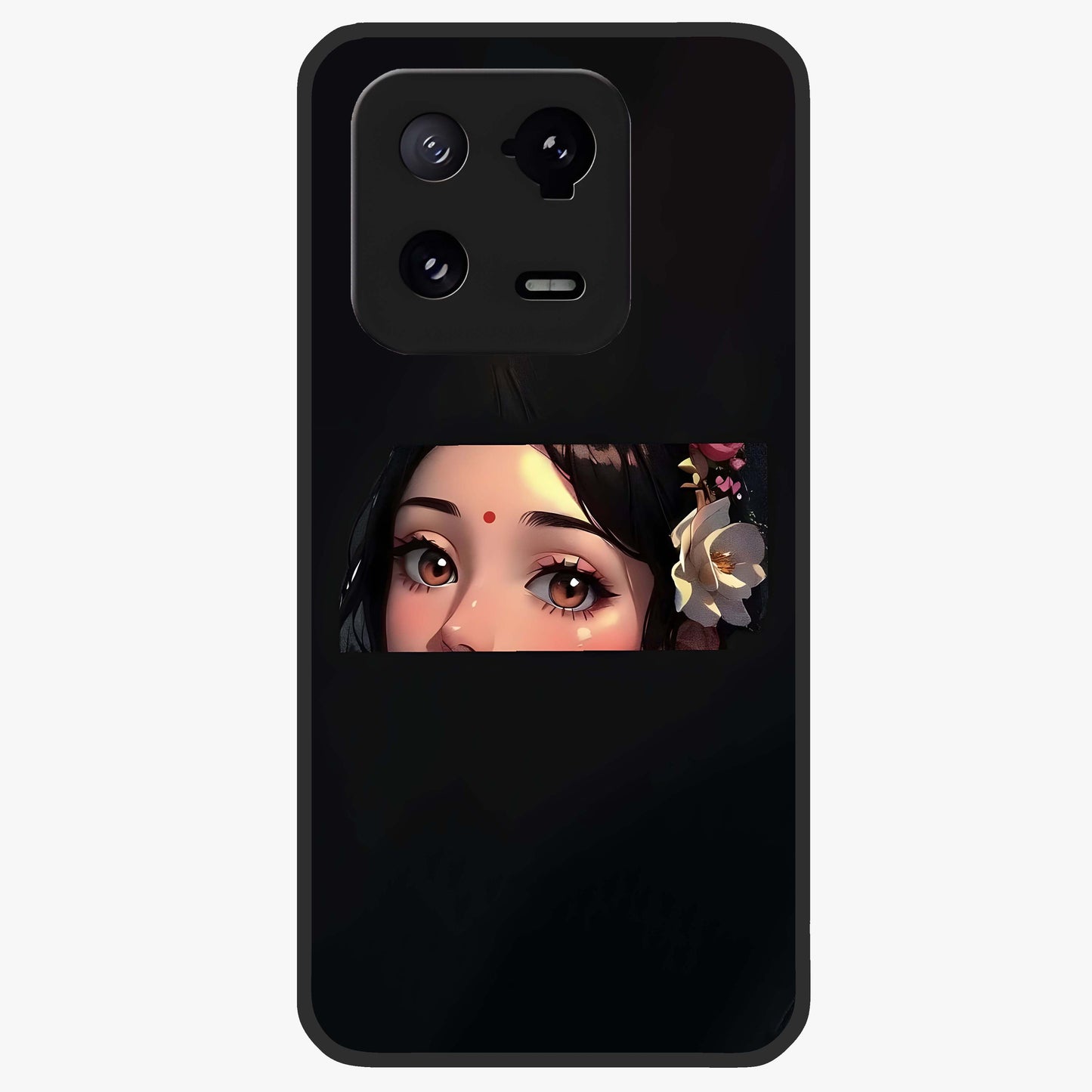 Radha Divine Embrace Glass Case showing flat back view with devotional Radha artwork and glossy glass finish.
