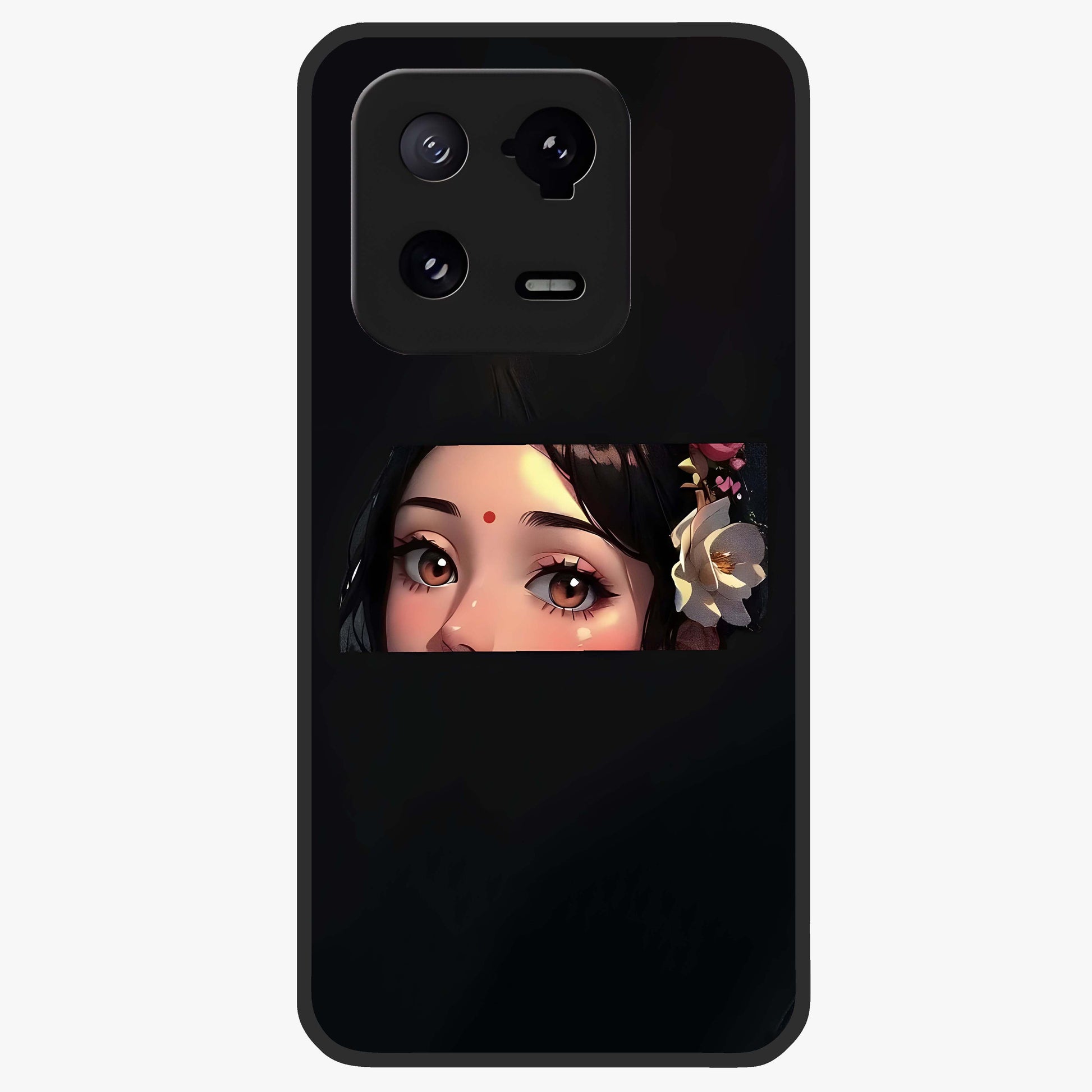 Radha Divine Embrace Glass Case showing flat back view with devotional Radha artwork and glossy glass finish.
