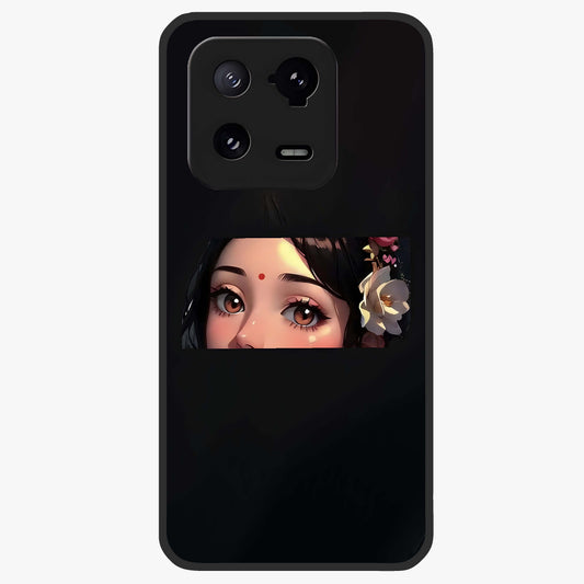 Radha Divine Embrace Glass Case showing flat back view with devotional Radha artwork and glossy glass finish.