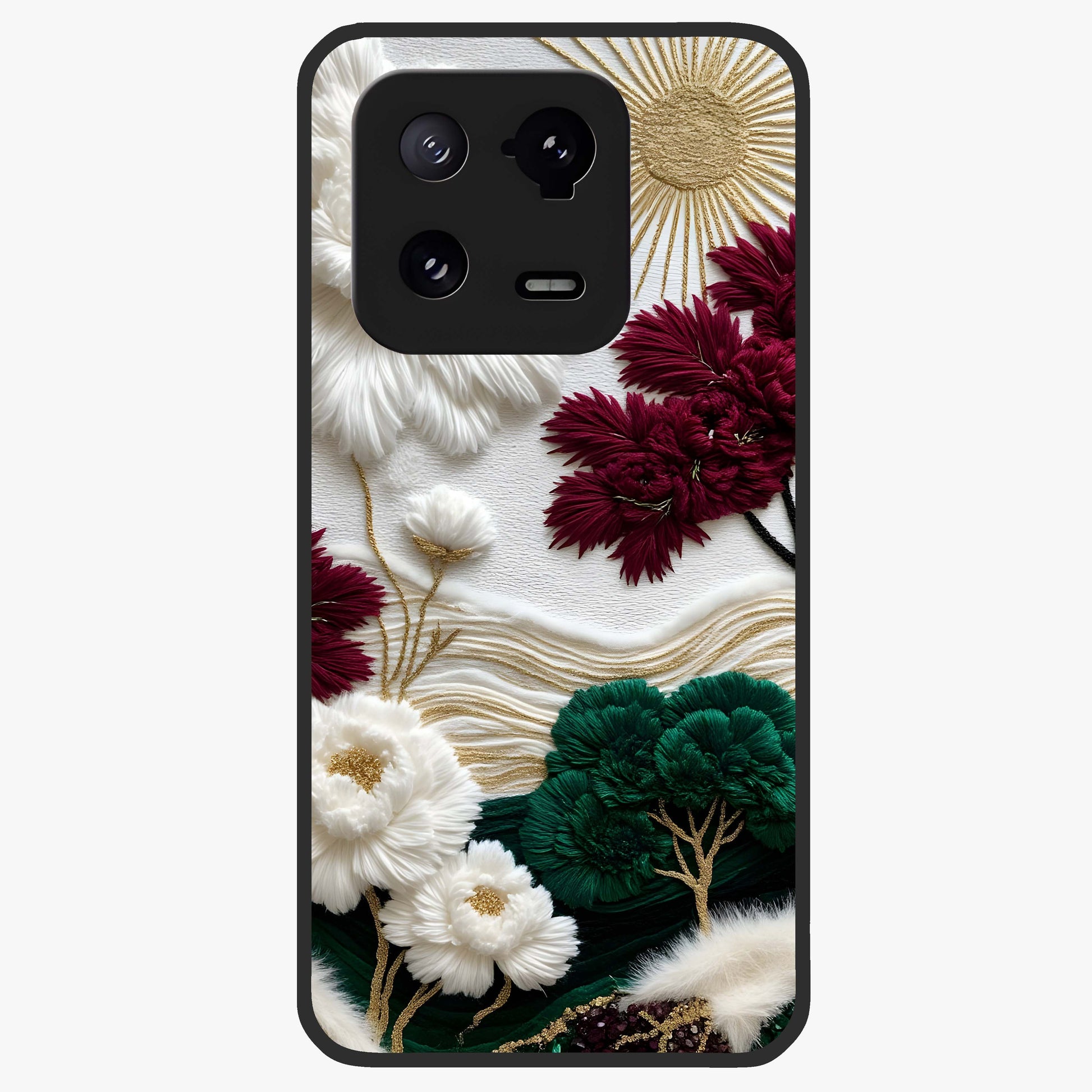 Radiant Bloom Elegance Glass Case showing flat back view with elegant blooming flower artwork and glossy glass finish.