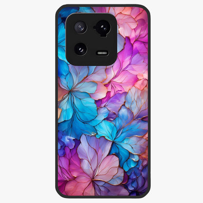 Radiant Floral Whirl Glass Case showing flat back view with swirling floral artwork and glossy glass finish.