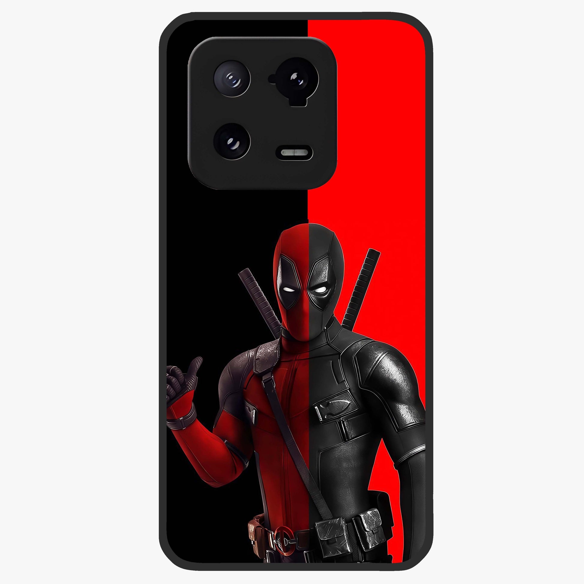 Red & Black Deadpool Theme Glass Case showing flat back view with bold comic inspired artwork and glossy glass finish.