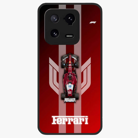 Red Ferrari F1 Vertical Glass Case showing flat back view with sleek Formula racing car artwork and glossy glass finish.